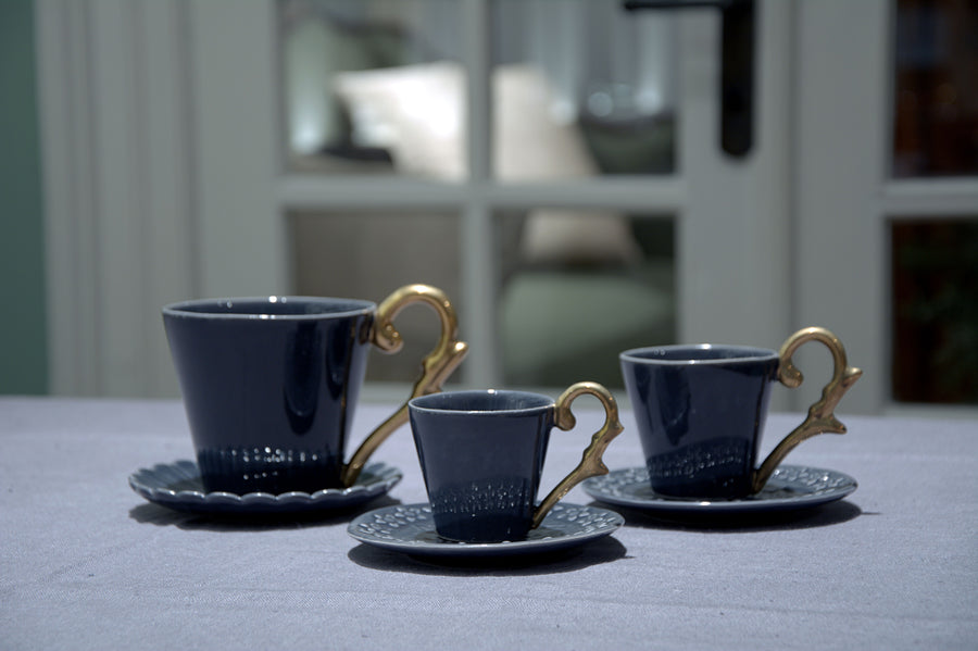 Turkish Coffee Cup Handle Gold-Navy Blue