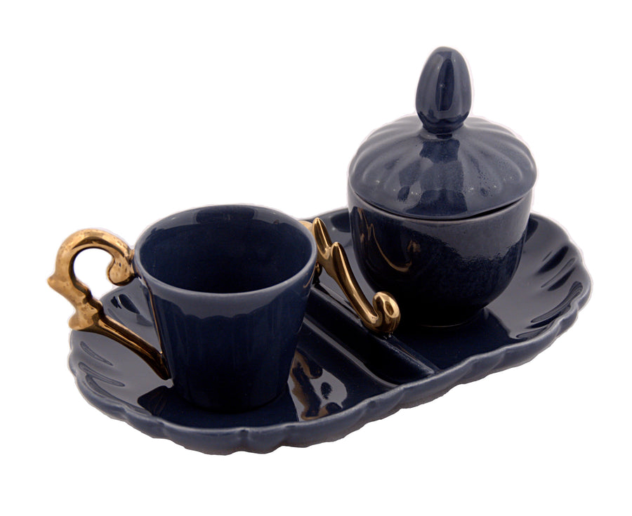 Turkish Coffee Cup Handle Gold-Navy Blue